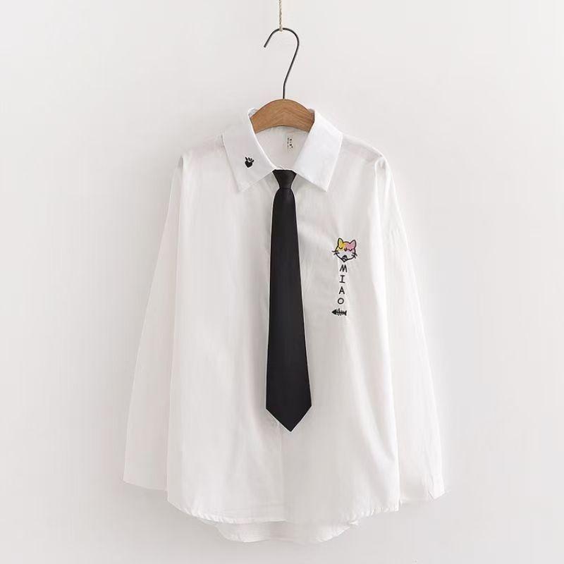 New Women's Tie Shirt, Autumn Long-sleeved White Shirt, Embroidered Shirt