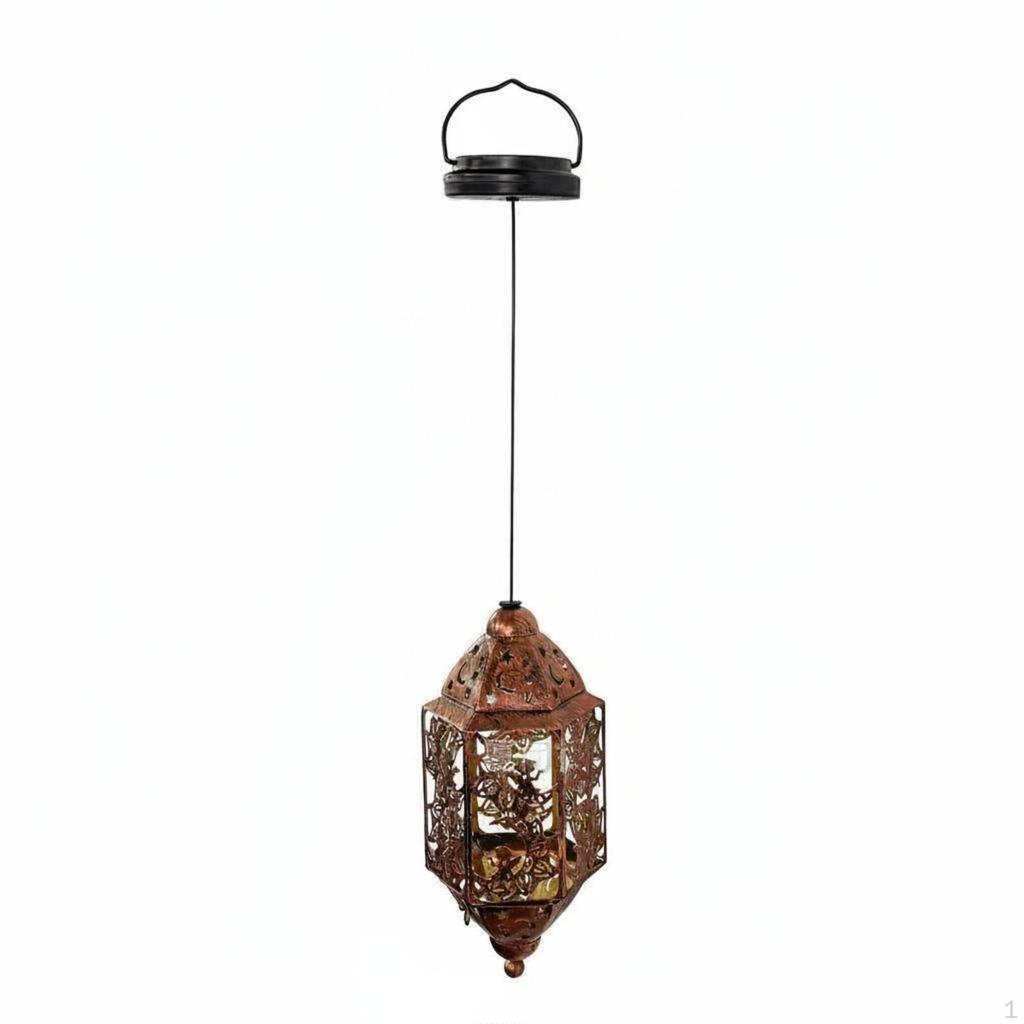 Metal Solar Lantern Hollow Carved Pattern Hanging Automatically Turns on at Dusk