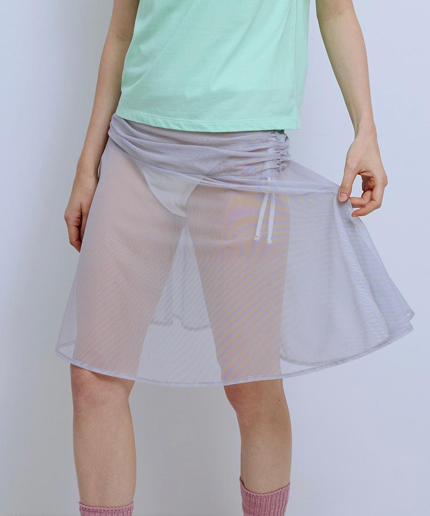 Pisis Solid Mesh Shirred Skirt_Gray