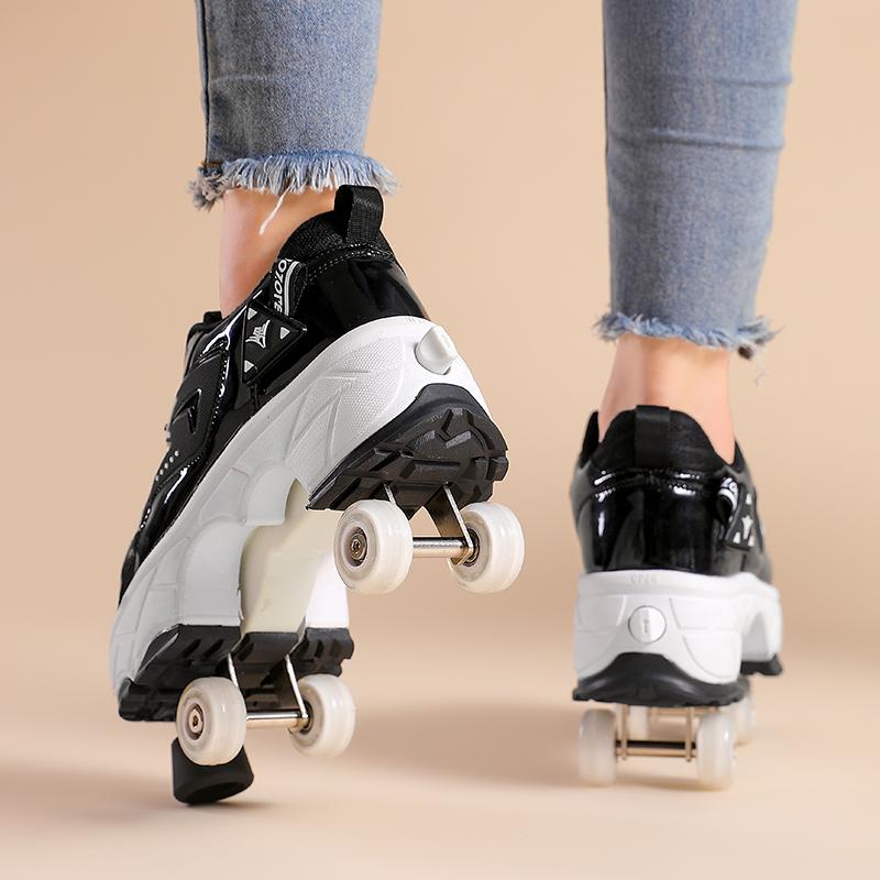 Teenagers /Boys/Girls Shapeshifting Shoes Four-wheel Dual-use Roller Skates Double Row Walking Shoes Roller Skates