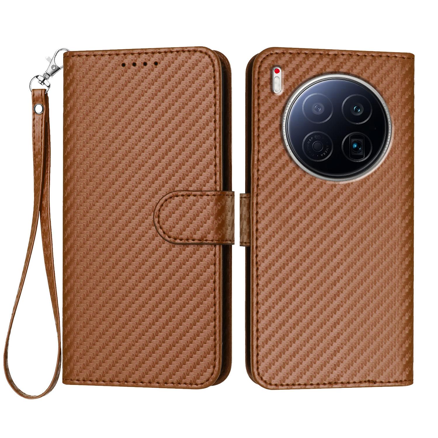 

For TECNO Camon 40 Premier 5G Wallet Case with Strap Carbon Fiber Texture Leather Mobile Cover Coffee