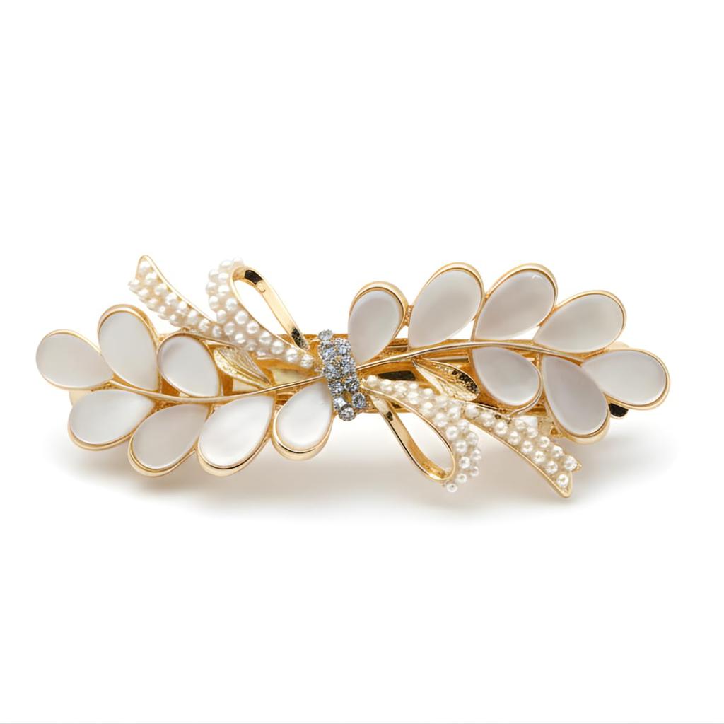 JWELLA Gold Barrette Hair Clip for Women & Girls | Mother of Pearl Leaf Design with Pearl Detailing & Crystal Center | Elegant Party Look Accessory