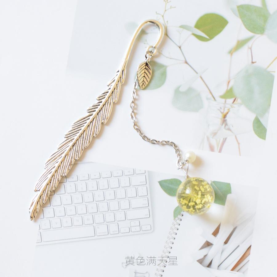 Alloy Feather Bookmark Dried Flowers Pendant Book Marker Teacher Gift Student Stationery School Office Supply Escolar Papelaria