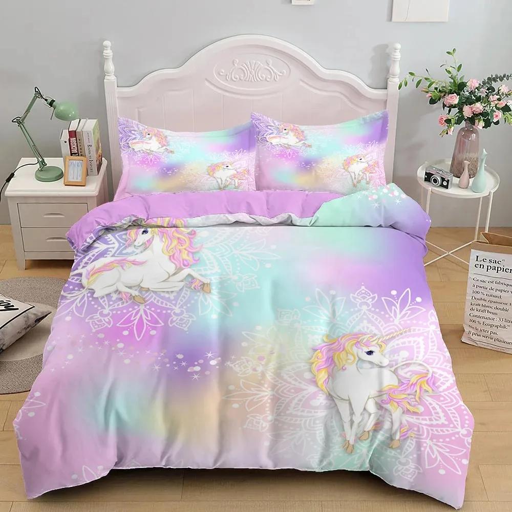Cute Unicorn Duvet Cover Set Girly Pink Castle Bedding Set Single Twin Size For Princess Girl Dedicated Bedroom Decor Bedclothes