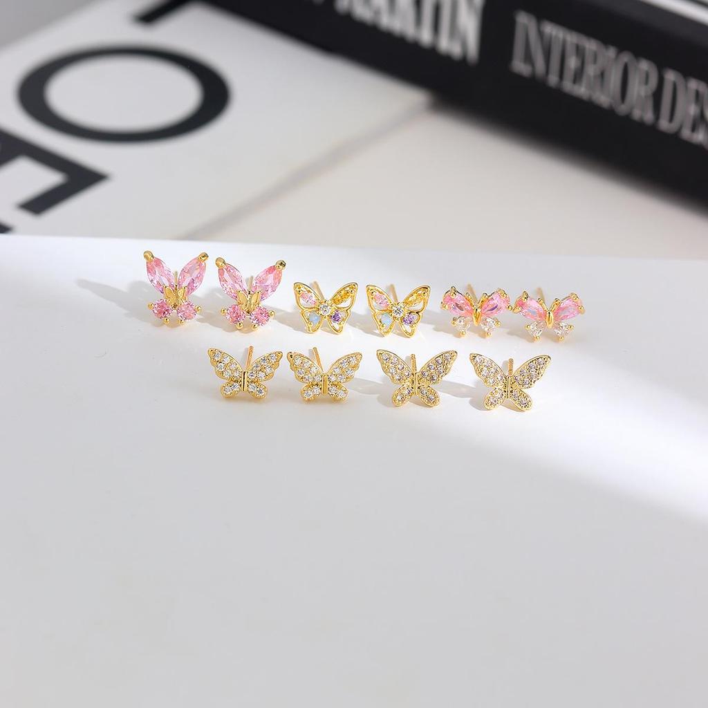 Copper-Plated Gold & 925 Silver Butterfly Earrings with Pink Diamond & Rainbow Zirconia for Women
