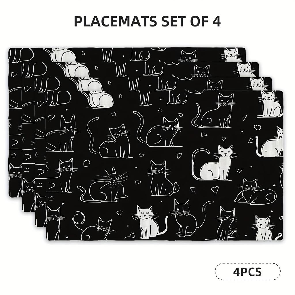 4pcs Set of Table Mats with Cute Cat Simple Line Drawing Patterns - 12" X 18" Rectangular Kitchen Dining Table Mat - Suitable Fo