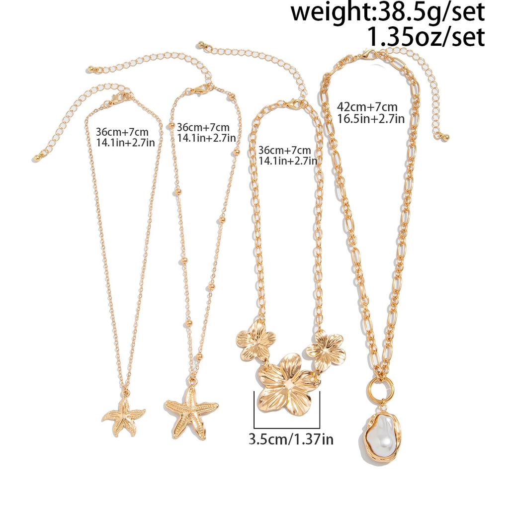 Starfish Pearl Necklace Set Conch Scallop Flat Snake Chain Necklace Set