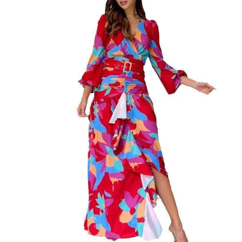 2025 Cross-Border Spring New European and American Women's Fashion Retro Print Deep V-Neck Slit Slim Long Dress Gown for Women