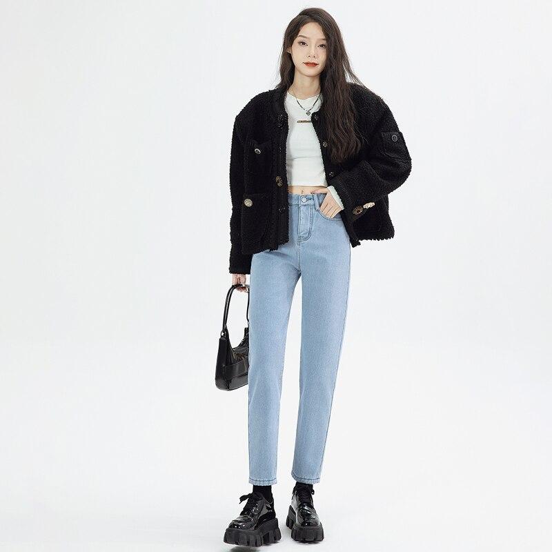 

Новые женские джинсы с высокой талией, теплые плюшевые эластичные джинсовые брюки, джинсы для женщин, уличная одежда в стиле ретро, ​​потертые мешковатые прямые брюки для отдыха XL светло-синий