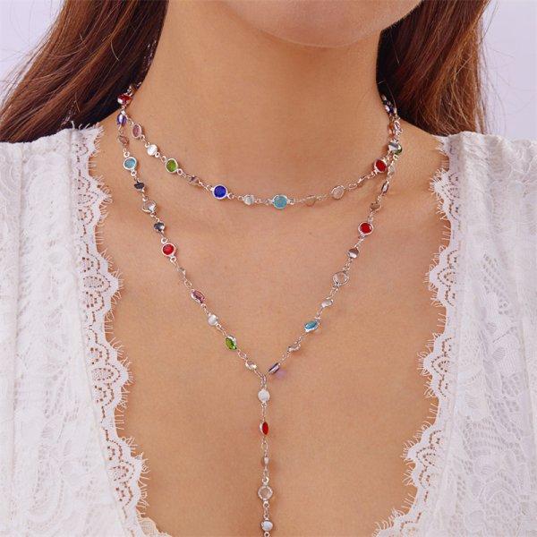 Vintage Zlatá Barva Dvouvrstvý Náhrdelník pro Ženy Jednoduchý Křišťál Zirkon Kovový Dlouhý Třásně Korálky Řetízek Choker Párty Šperky
