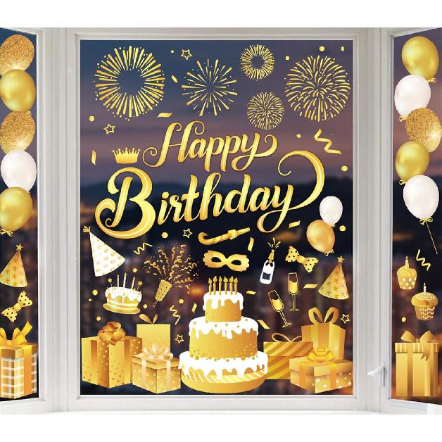Whaline 6 Sheets New Year Window Clings New Years Eve Window Decal Champagne Firework Double-Sided Golden Yellow Window Stickers Reble for Home