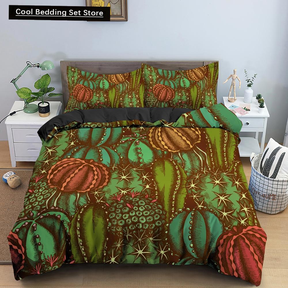 Cactus King Queen Duvet Cover Succulents Bedding Set for Kids Teens Adults Green Botanical Flowers 2/3pcs Polyester Quilt Cover