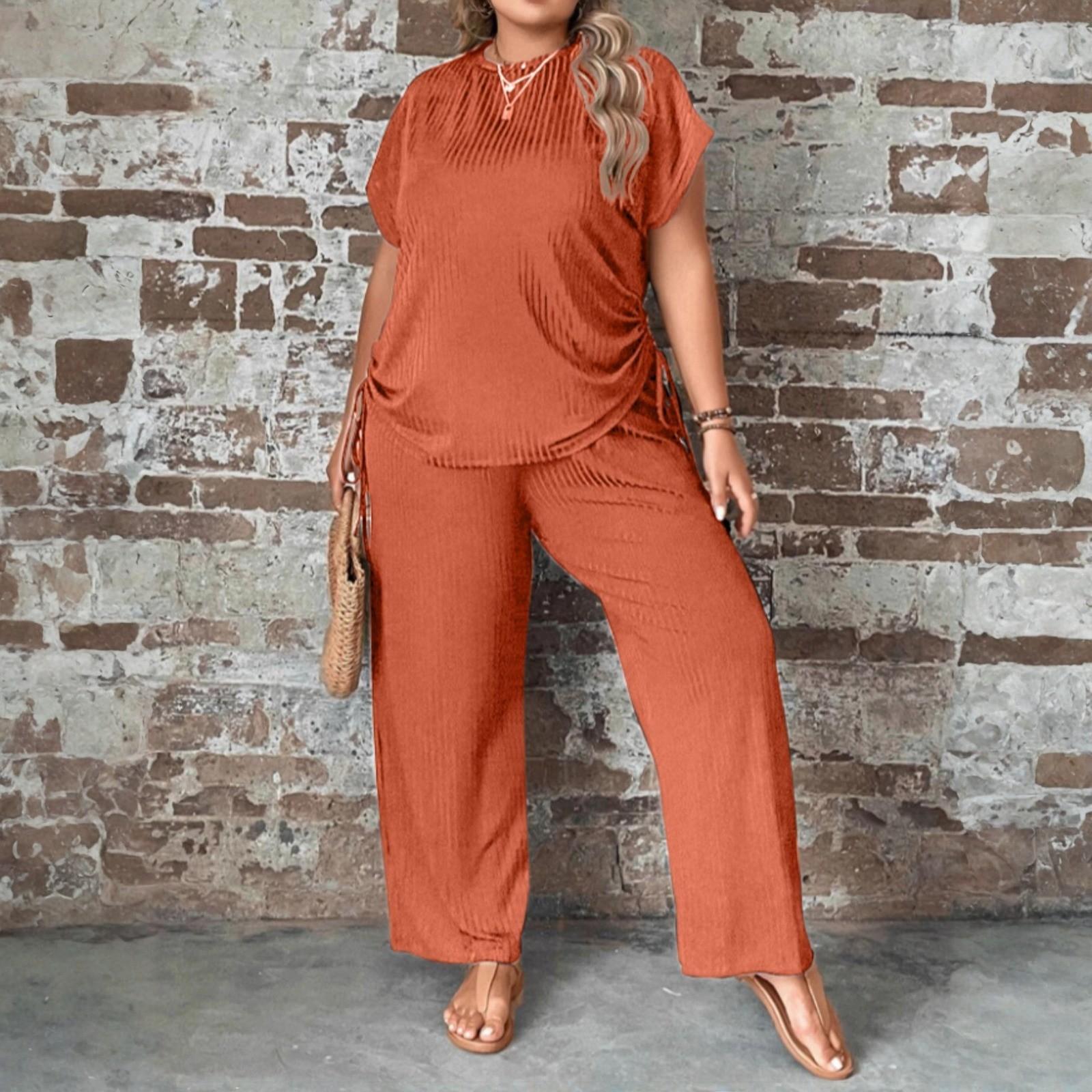 

Женский комплект большого размера Свободный Удобный Повседневный Модный С круглым вырезом Однотонный Двойка XL шафрановый