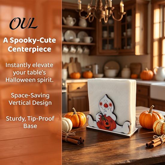 Decorative Wood Tissue Stand Halloween Napkin Holder, Vintage Rustic Dispenser Organizer, Spooky Ghost Stable Log Base Holder Black Cat Boo