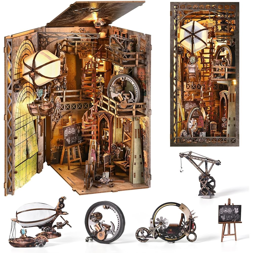 CRESYMME Dollhouse Book Nook Miniature Kit Wooden 3D Puzzle for Adults with LED Light Hot Air Balloon Design