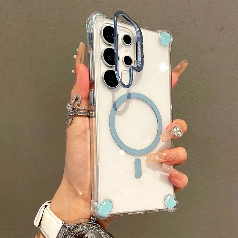 Luxus Transparentes Case Für Samsung Galaxy S25 S24 S23 S22 Ultra Plus A17 A56 A36 A16 A26 S24FE Magsafe Magnetischer Ständer Cover