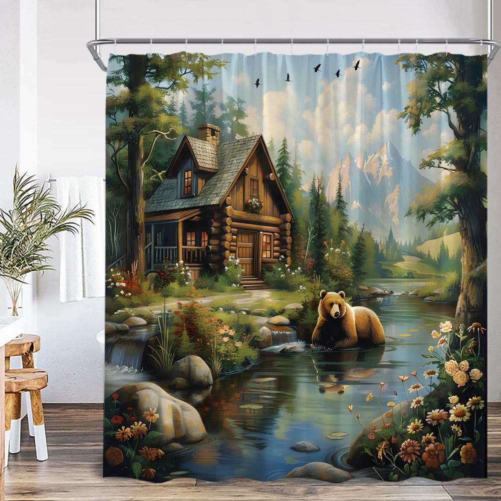 Funny Bear Vintage Shower Curtain Bathing Brown Bear Countryside Cabin Wild Animal Retro Bathroom Decor Polyester Bath Curtain