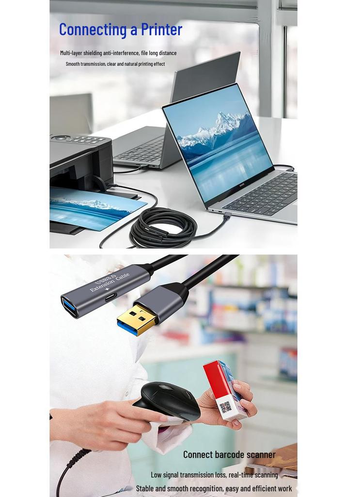 USB 3.0 Amplified Extension Cable for Printer, Scanner, and Laptop