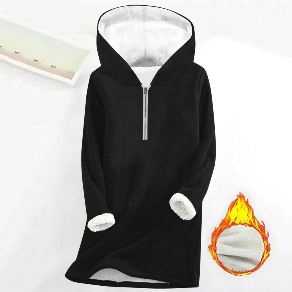 Fashionable women's fleece hooded solid color zipper long-sleeved top