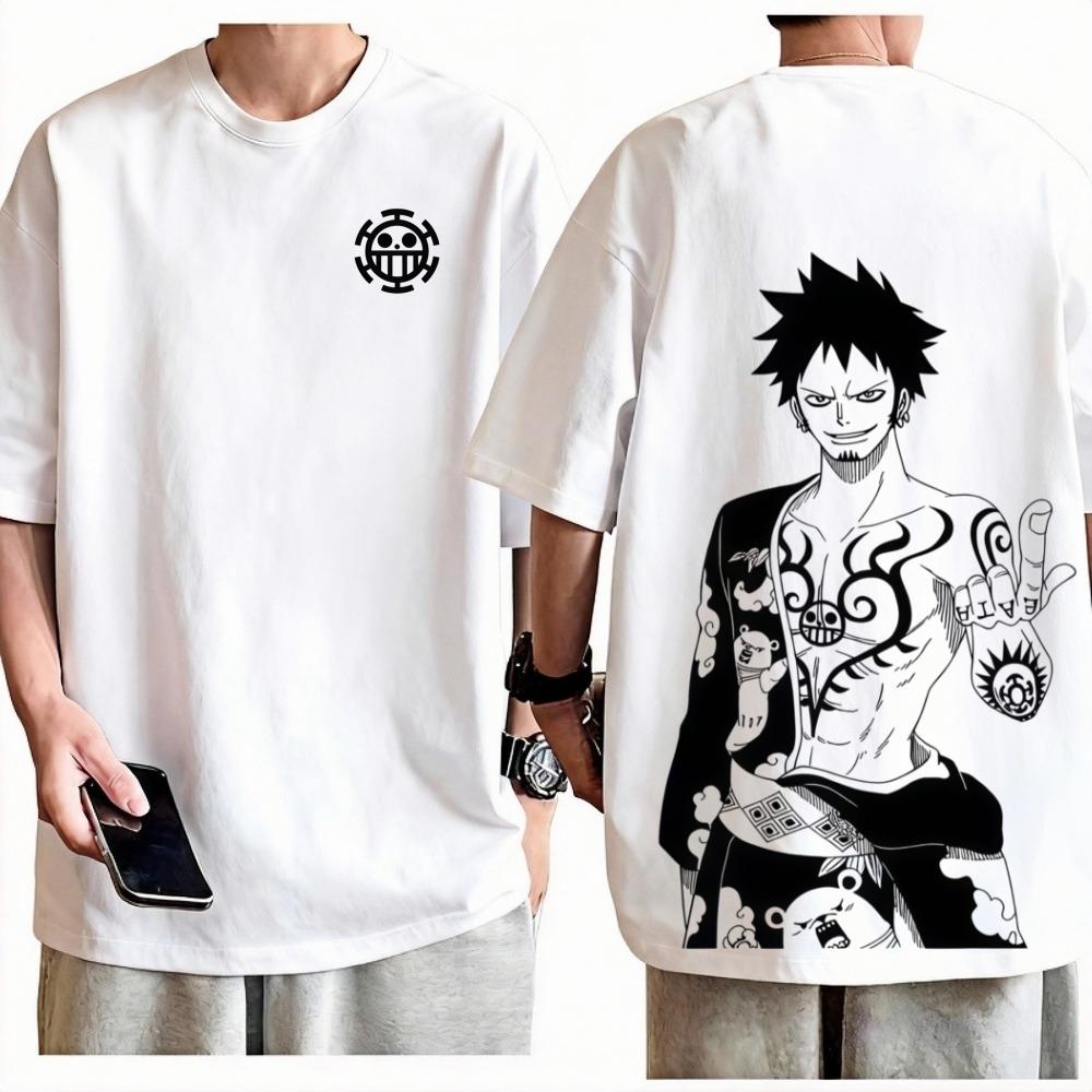One Piece Trafalgar Law TShirt Unisex Oversized Anime Graphic Print Crew Neck Pure Cotton Streetwear Fashion Tops For Men Women