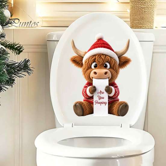 Cartoon Xmas Toilet Seat Cover Stickers Christmas Stickers, Self?Adhesive Waterproof PVC Wall Decals, 3D Colorful Reindeer Santa Tank Lid Decor for