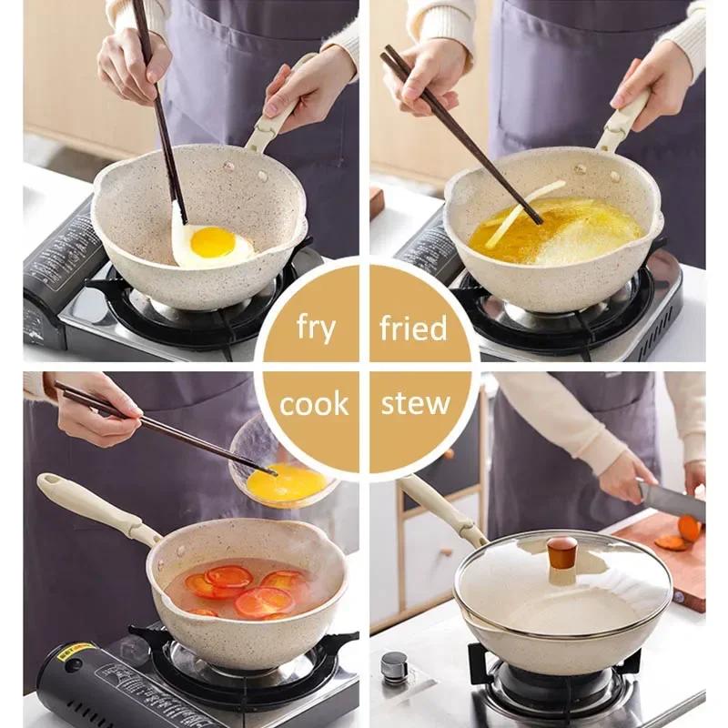Bodenstarker Maifan-Stein Wok Antihaftbeschichtete Pfannen Bratpfanne mit Deckel Haushalts-Wok Kochgeschirr für Induktionsherd Küchenutensilien