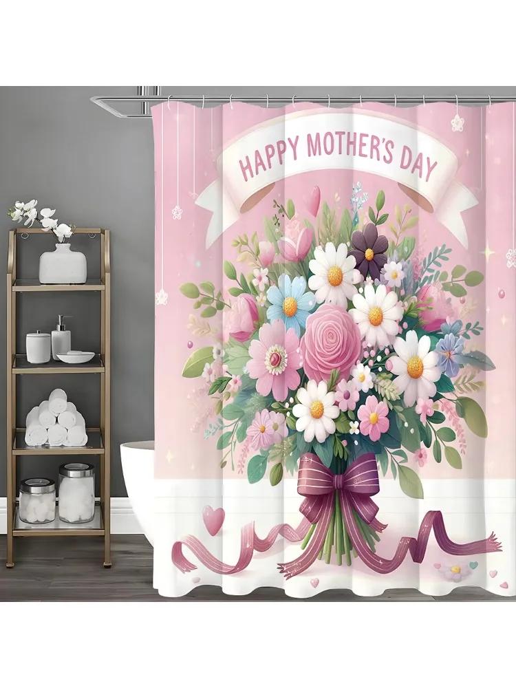 

Happy Mother S Day Bouquet Pink Shower Curtain, Bathroom Decorative Shower Curtain, Waterproof Shower Curtain With Hooks W60H190(CM)-1 Pcs