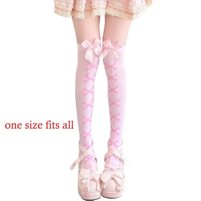 Skeleton Print Stockings with Bows Accent for Women Girl Leggings Tights Socks Cosplay Over Knee Thigh High Long Socks
