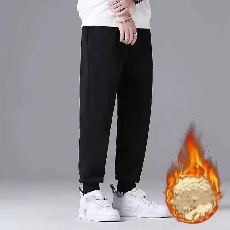 Men Autumn Winter Sweat Pants Plush Thickening Casual Trouser Warm Pant Plus Size Men's Mid Waist Fashion Sweatpant Black