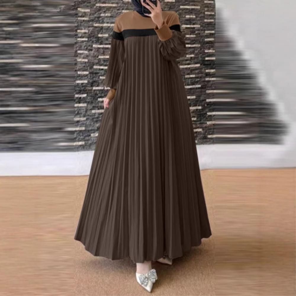 

Модное женское осеннее длинное мусульманское платье с рукавами-фонариками, абайя, исламский халат, кафтан, лоскутное платье, сарафан, плиссированное, Vestidos M коричневый