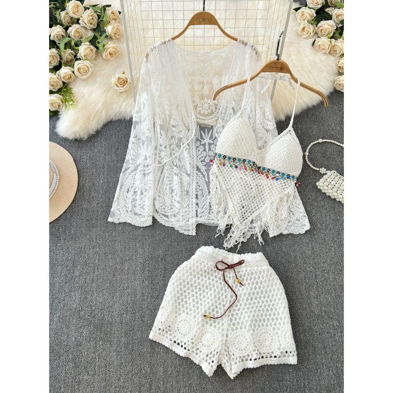 Vacation Style Embroider Cardigan Tassel Halter Cut-out Lace