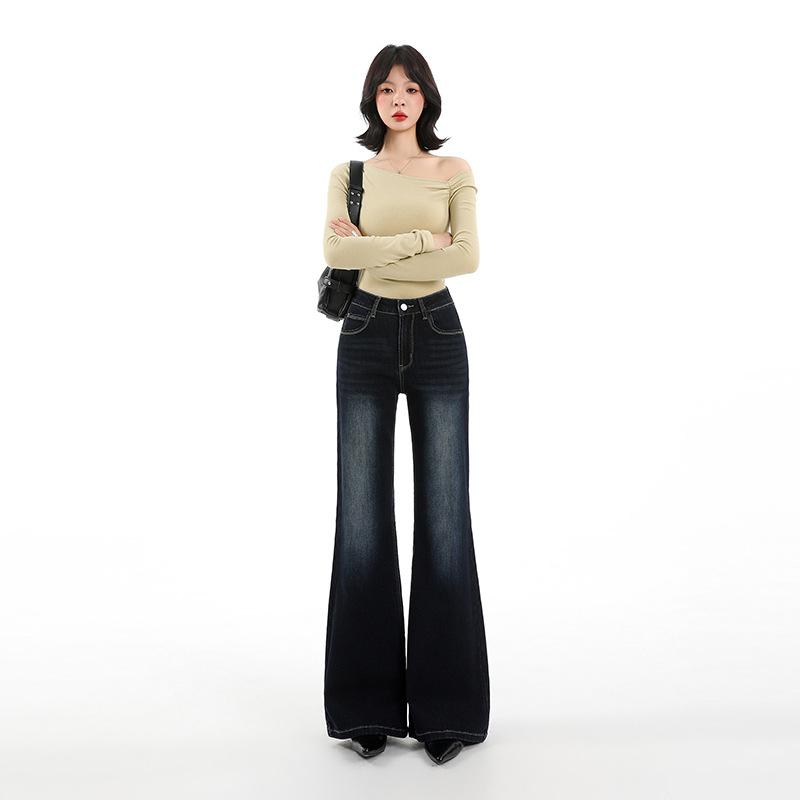 Retro non-stick leg slightly pulled jeans women's autumn and winter new high-waisted elastic loose and thin flared pants