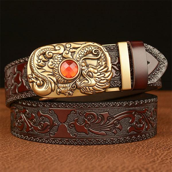 Belt Genuine Leather Belt for Men Carving Flower Pattern Gold Automatic Buckle Belt Strap for Jeans