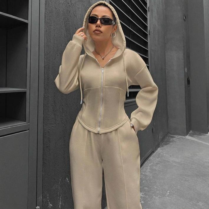 Europe, America, Autumn and Winter Fleece Hooded Cardigan Slim Sweater Wide-leg Pants Two-piece Set