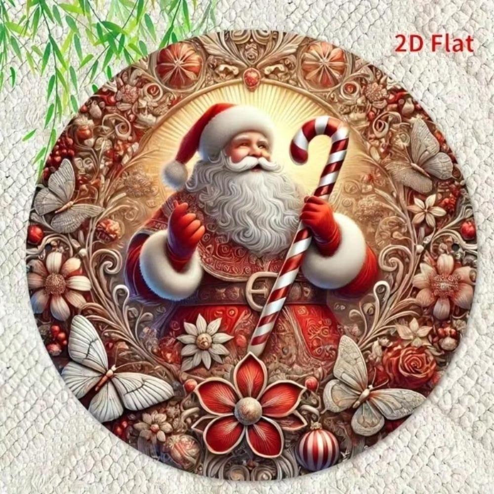 Christmas Santa Candy Cane 2D Metal Wall Art Round Tin Sign Decor