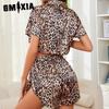 GMXIA Ice Silk Pajamas Women's Summer Leopard Print Sexy Short Sleeve Shorts Two Piece Homewear