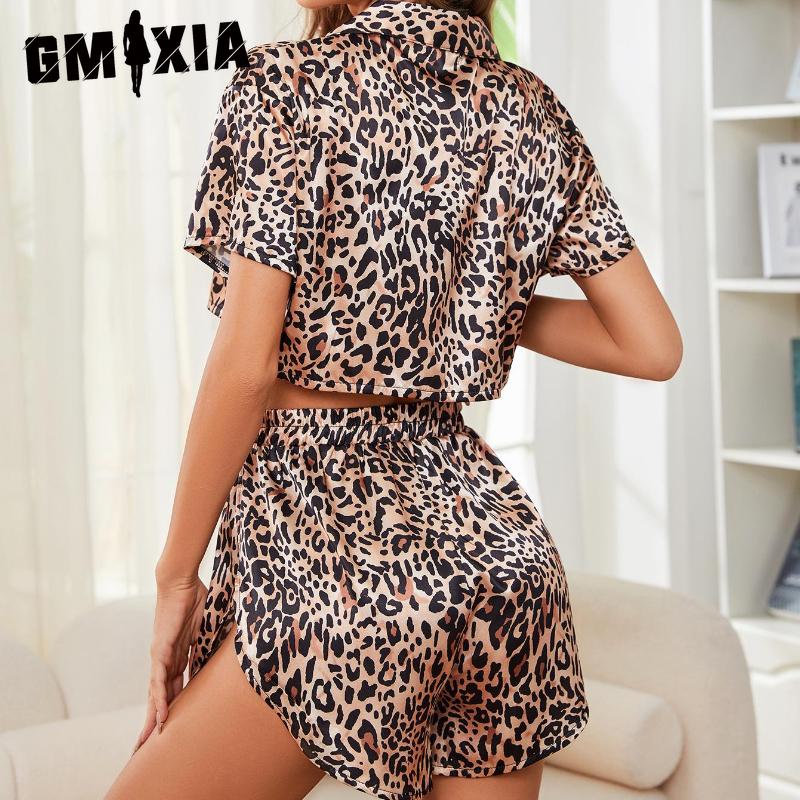 GMXIA Ice Silk Pajamas Women's Summer Leopard Print Sexy Short Sleeve Shorts Two Piece Homewear