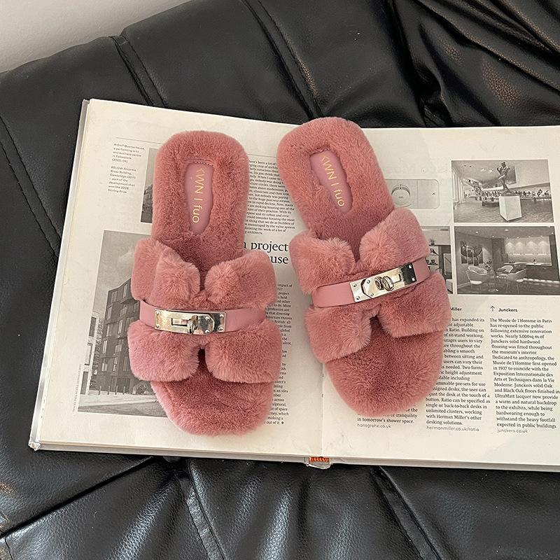 2025 Autumn and Winter Fashion Simple Belt Buckle Internet Celebrity Fluffy Slippers Women Wear Casual Thick-soled One-word Cotton Shoes