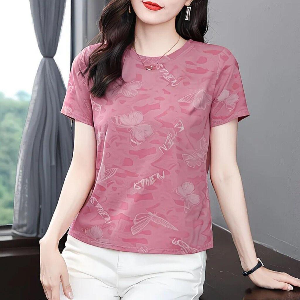 Clearance Find Women's Pink Floral Short-Sleeve T-shirt - Summer Loose Fit for Middle-Aged & Elderly