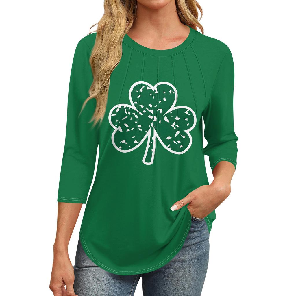 3/4 Langarm Damenoberteile Lässiges Tunika-Top Basic Plissiertes Hemd Locker St. Patrick Print Top
