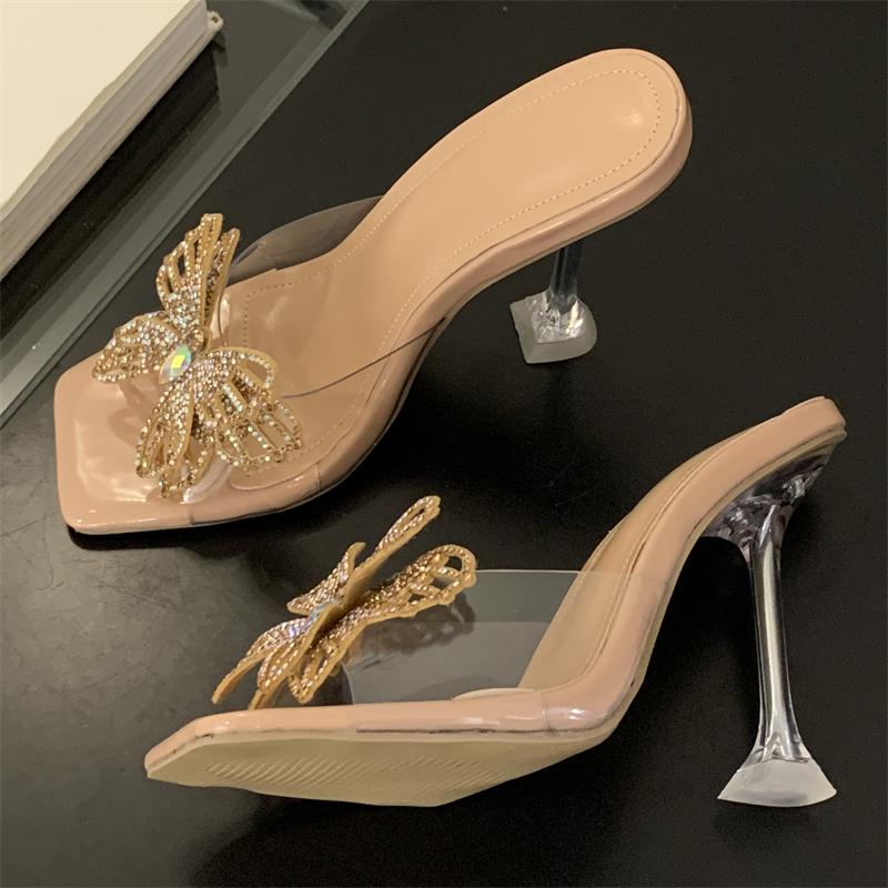Fashion Eilyken 2025 Summer PVC Transparent Butterfly-knot Square Toe Woman Slippers Fashion Crystal High Heels Slide Shoes
