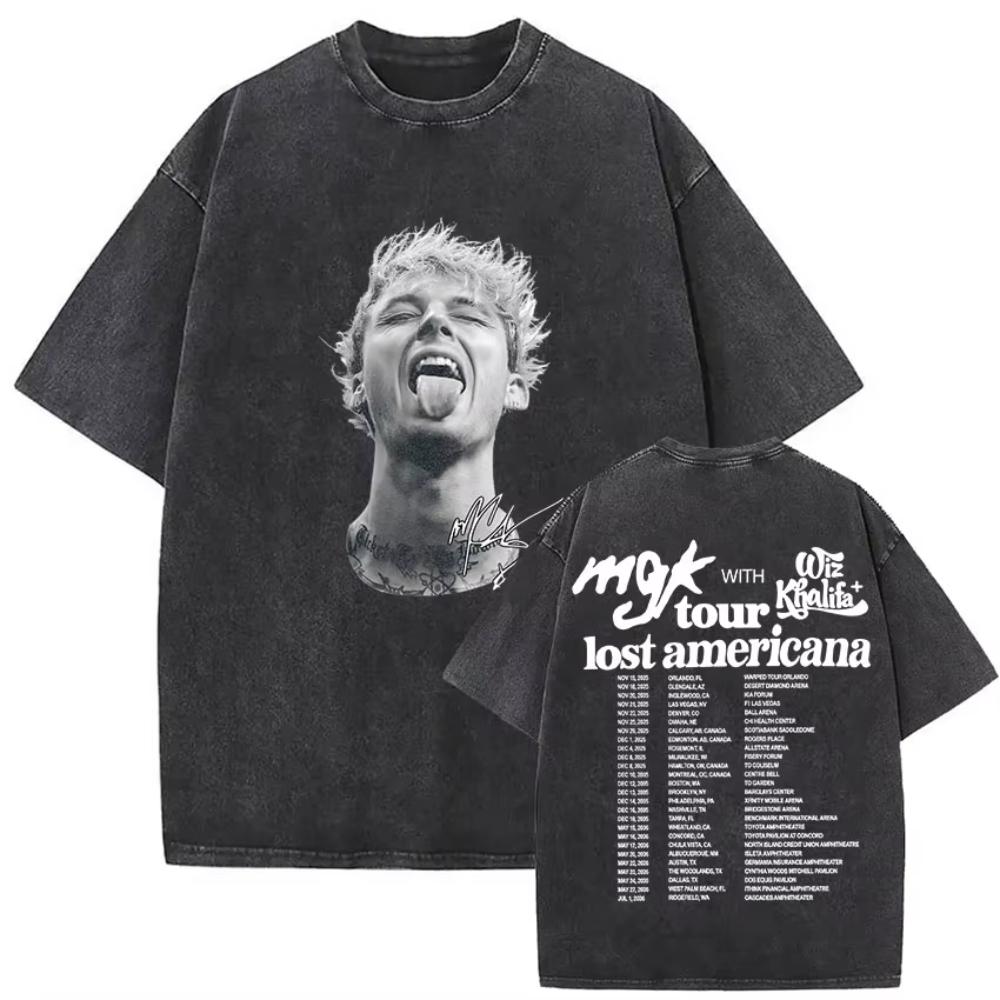 Vintage Washed MGK Lost Americana Tour Print Tshirts Men Women Harajuku High Quality Fashion Oversized Cotton T Shirt