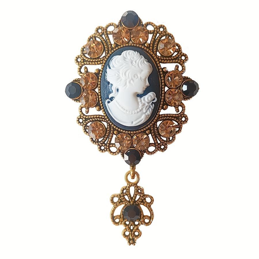 Vintage Queen Cameo Brooch Pin - French-Inspired Fashion with Sparkling Rhinestones, Elegant Alloy Design for Casual Attire