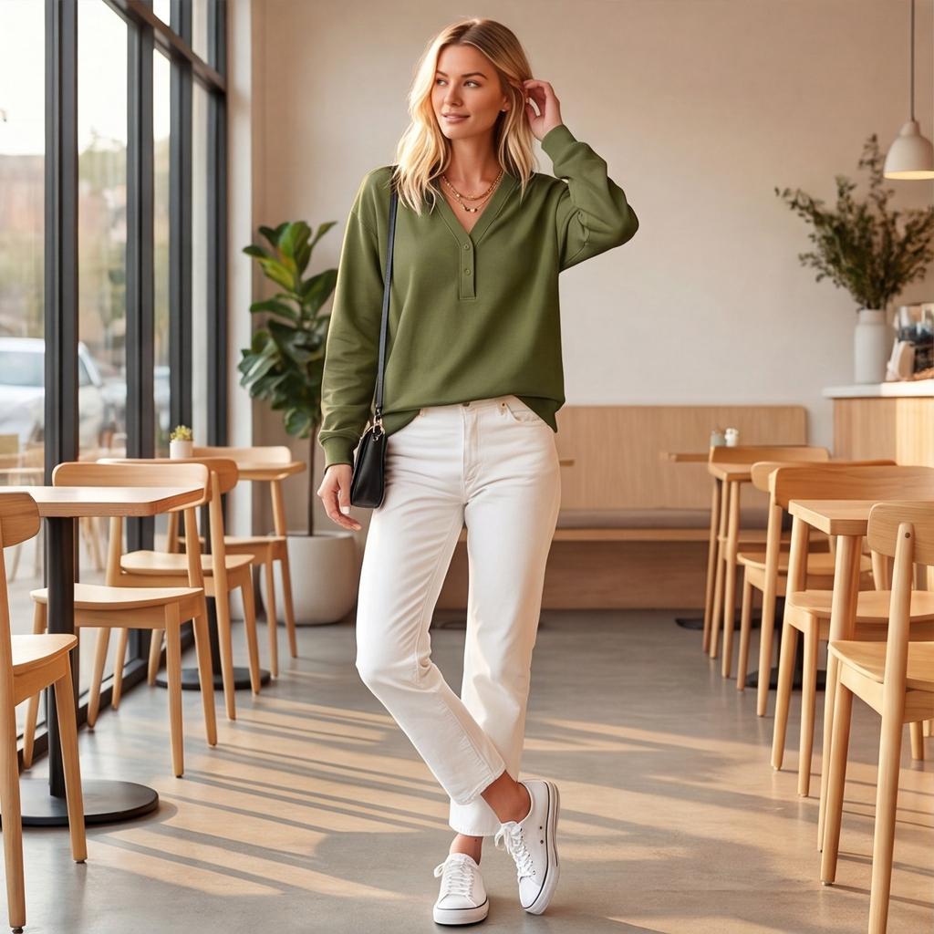 Women's Fashion V-Neck Long Sleeve Pullover Sweatshirt Color for Casual Everyday Wear