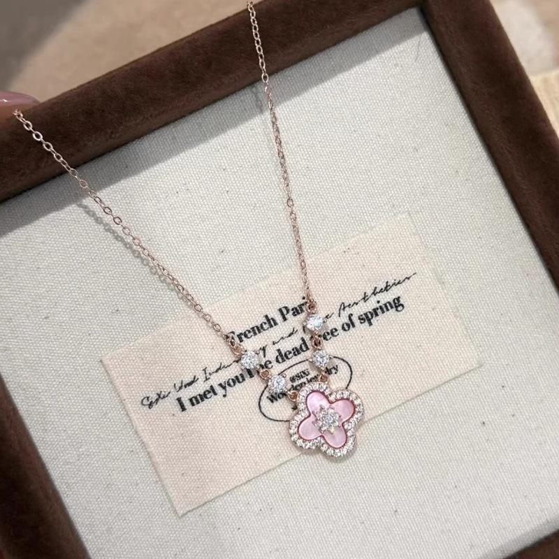Rose Gold Pink Clover Necklace - Crystal Four Leaf Clover Pendant for Women