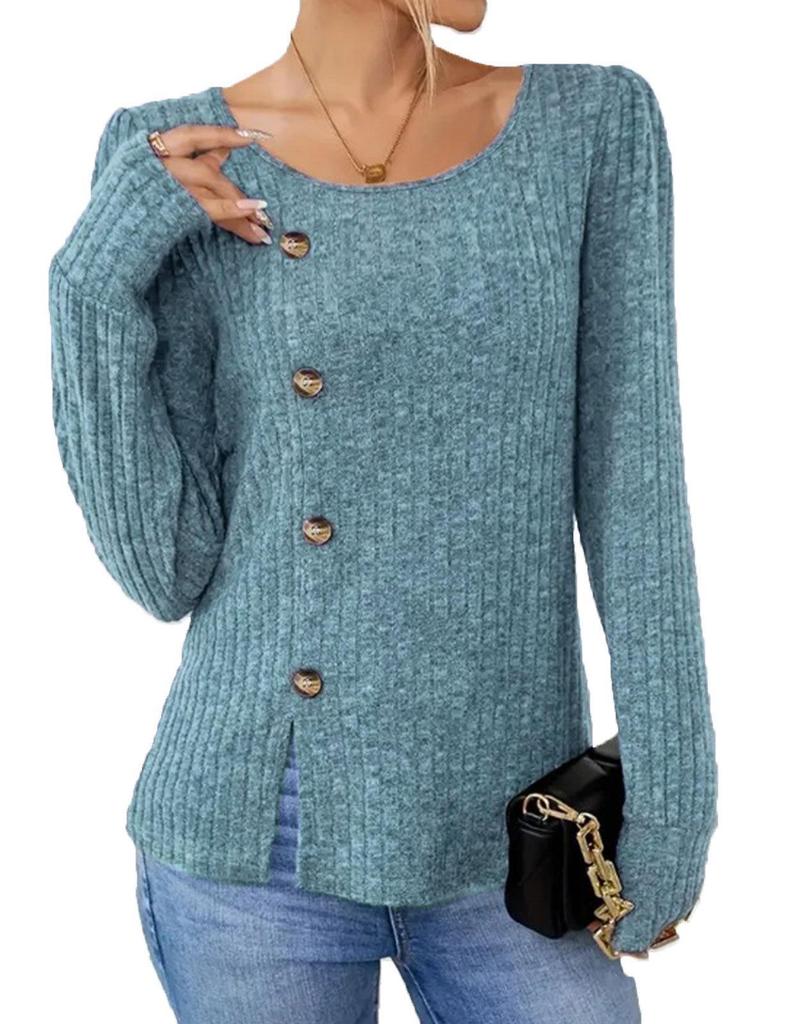 Autumn/Winter Women's Solid Color Round Neck Button Long Sleeve Loose T-Shirt