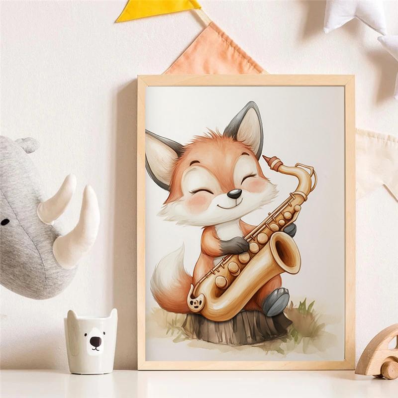 Watercolor Cute Animals Fox, Elephant, Bear, Playing Instruments Poster Canvas Painting Print Nursery Wall Art Home Decor