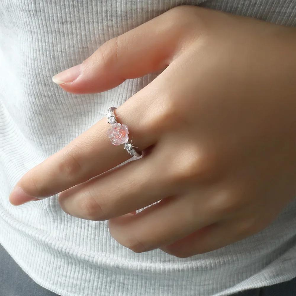 PONYKISS 925 Silver Pink Zircon Rose Flower Adjustable Rings for Women Cute Plant Fine Jewelry Minimalist Accessories