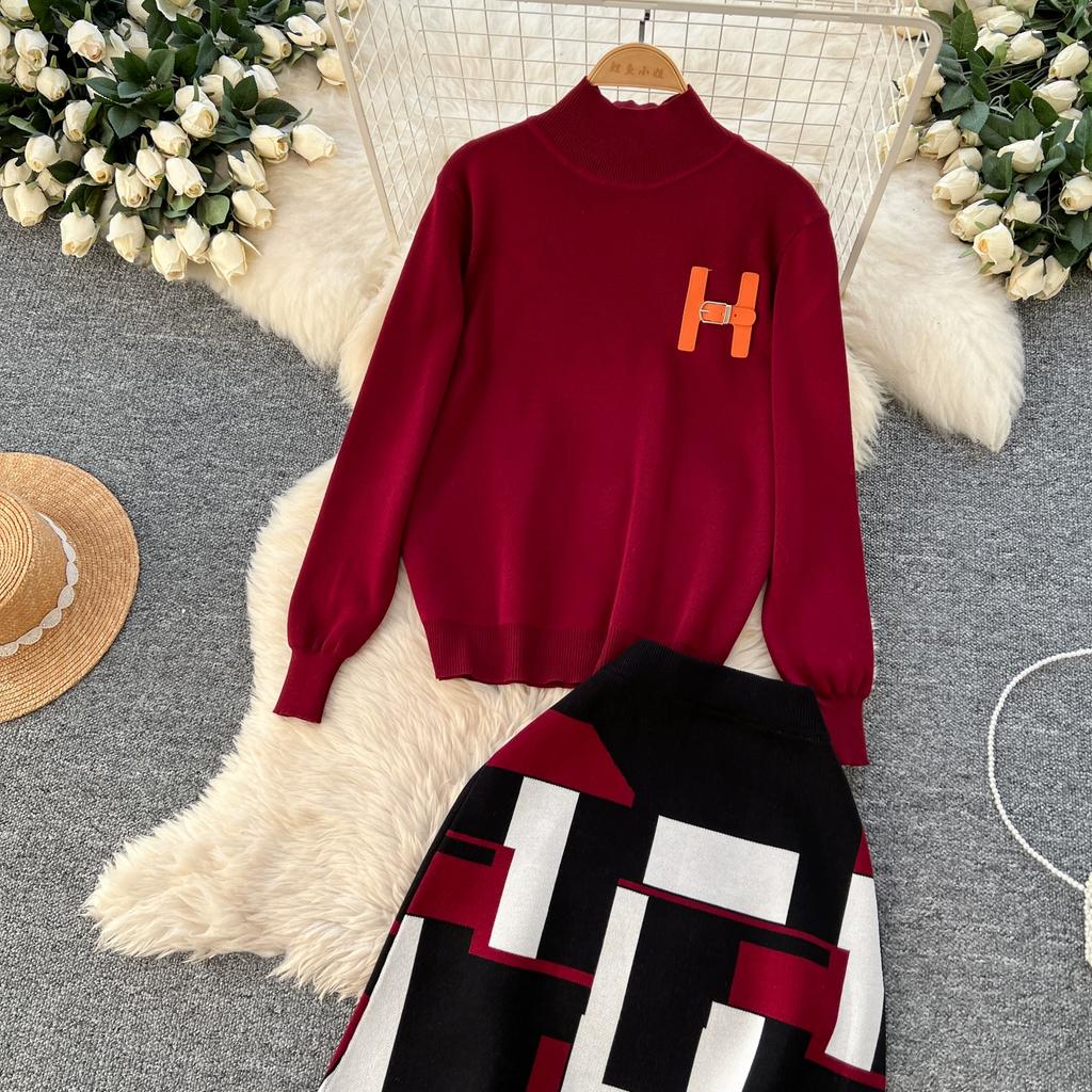 Høst Vinter Kvinner Elegant Strikket Genser Kontor Todelt Sett Ståkrage Pullover Topper og Lang Maxi Skjørt Dress