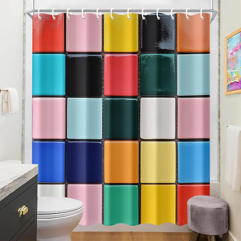 Color Block Duschvorhang 72x72 Zoll Lebendiges Retro Geometrisches Badezimmerdekor Moderner Pop-Art-Stil Wasserdichter Stoffvorhang